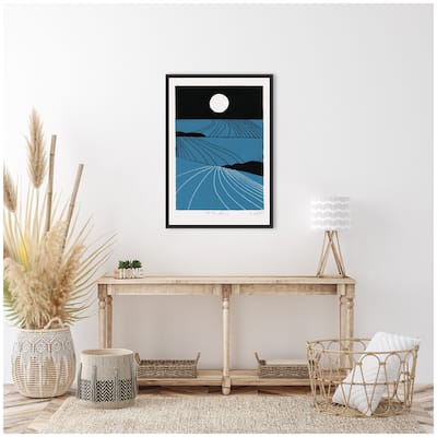 Kate and Laurel Sylvie Folk To The Moon Linocut Framed Canvas by Giuliana Lazzerini