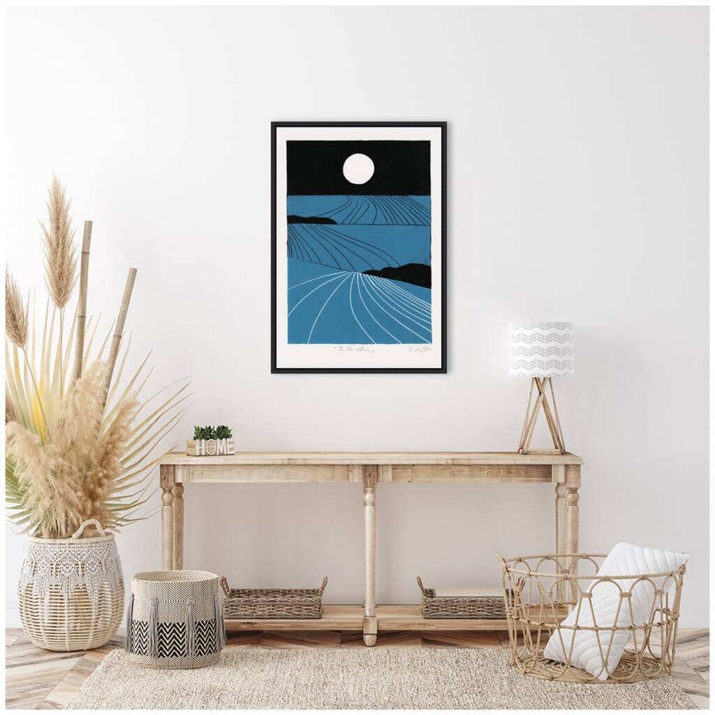 Kate and Laurel Sylvie Folk To The Moon Linocut Framed Canvas by Giuliana Lazzerini