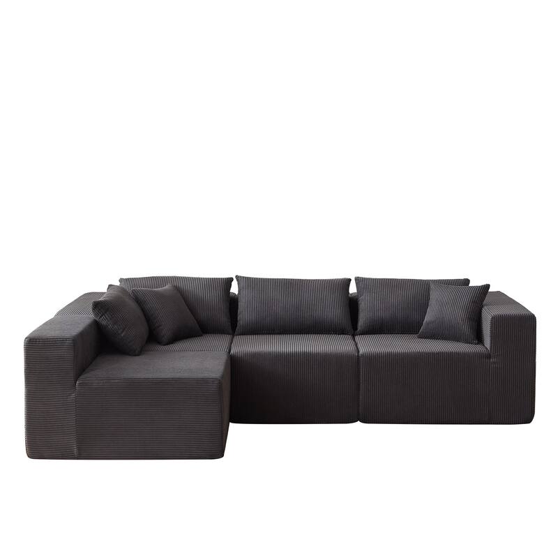 Corduroy Convertible Sectional Cloud Sofa, Foam-Filled Compressed Boneless Sofa, Modular L Shaped Floor 4 Seat Sofa
