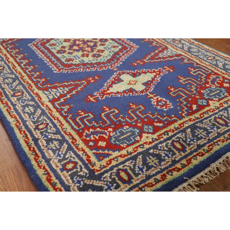 Blue Geometric Viss Oriental Foyer Rug Hand-Knotted Wool Carpet - 3'0" x 5'1" - 3'0" x 5'1" - Blue