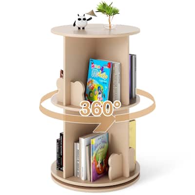 Coffee MDF Kids Rotating Bookshelf 8 Compartments 360-degree Swivel and Bear Baffles - 16"L x 16” W x 25.5" H