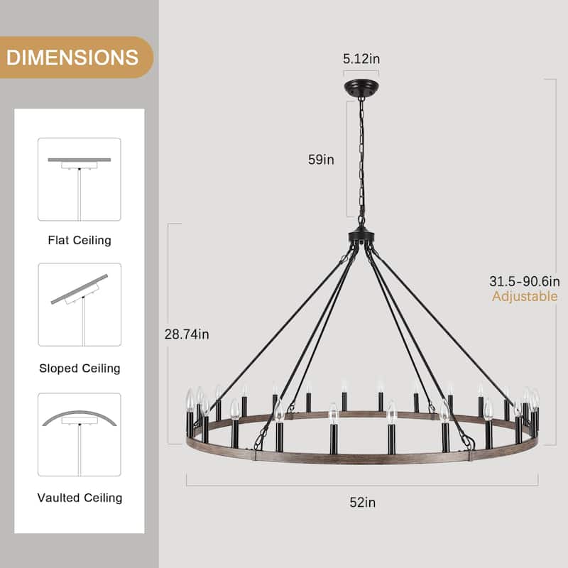 24 - Light 52in. Lagre Dimmable Wagon Wheel Chandelier Farmhouse Round Vintage Candle Style Light - N/A