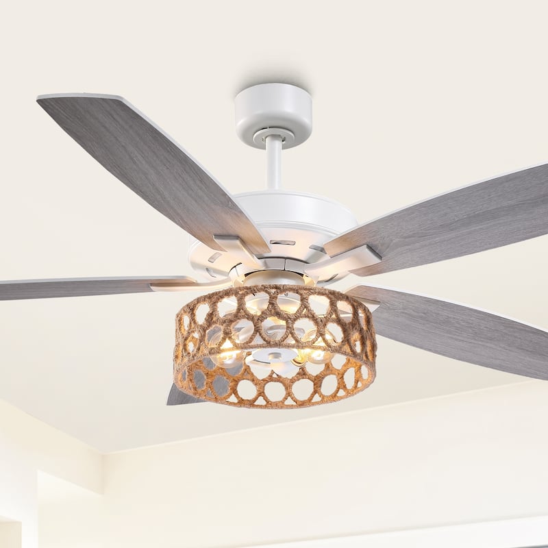 52" Bohemian White 5-Blade Natural Jute Ceiling Fan with Light Kit and Remote