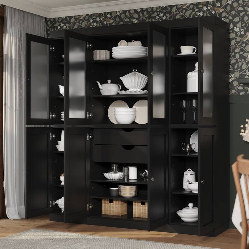 Palace Imports 100% Solid Wood 65" Pantry Cabinet with Frosted Glass, Shaker Doors, 2-Drawers and Adjustable Shelves - Black
