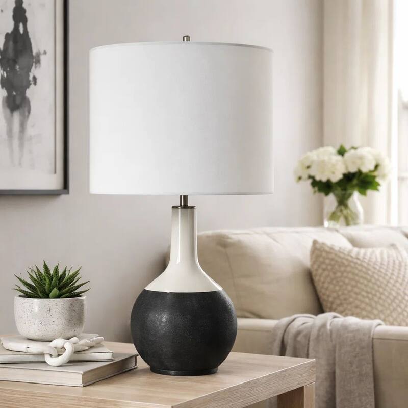 Table Lamp, White Linen Shade, 23 Inch Black and White Ceramic Accent