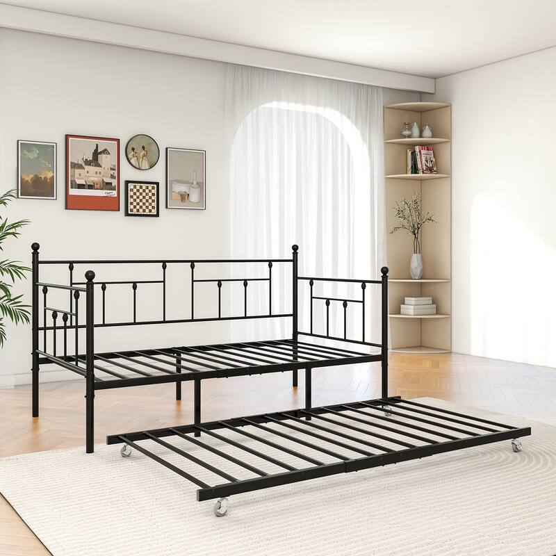 Daybed Metal Frame with Trundle Set, Twin Day Bed Sofa, Daybed and Roll Sofa Bed