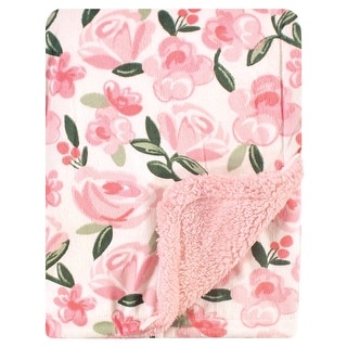 Hudson Baby Infant Girl Plush Blanket with Faux Shearling Back, Green Floral, One Size - Green Floral - One Size