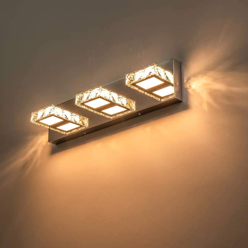 3-Light Modern Chrome Crystal Wall Light Square Integrated LED 3000K Bathroom Vanity Light