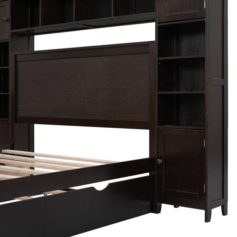 Full Size Wooden Platform Bed with Built-in Storage, Shelves, and Outlets, Espresso Finish