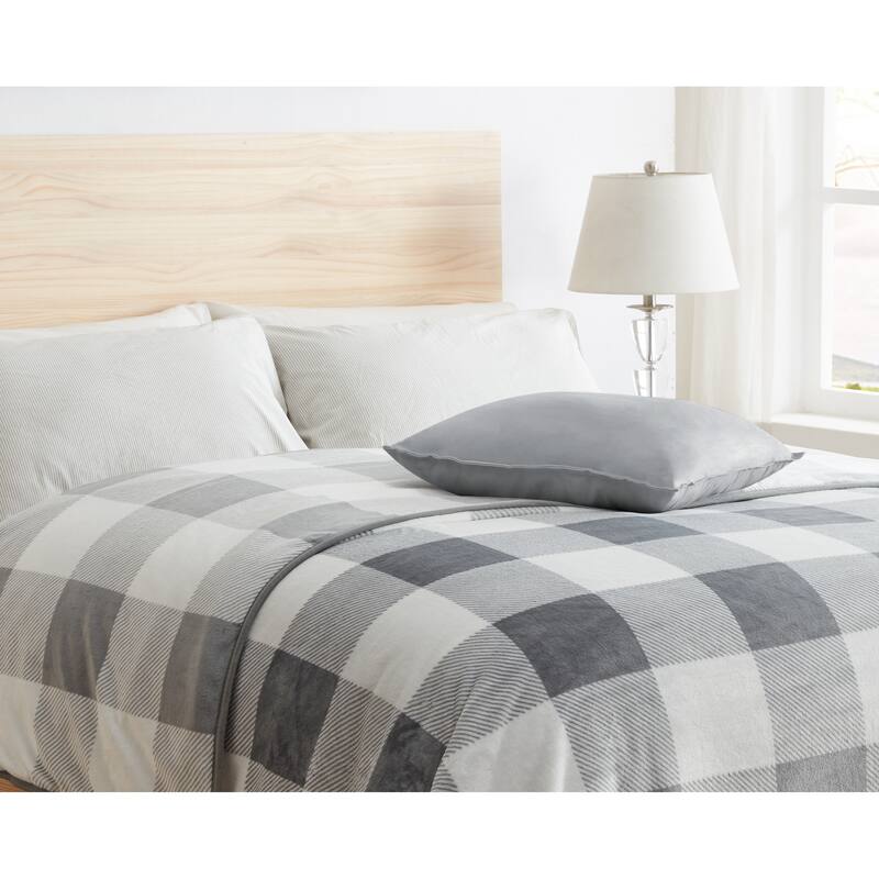 Clara Clark Ultra Plush Thick Reversible Microfiber Heavy Blanket - Raschel Imitation Mink Blanket - Full - 55x82 - Gray Check