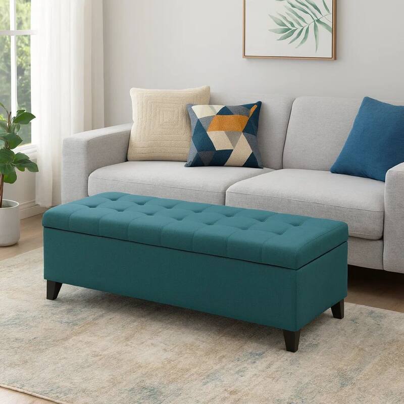 Nira Storage Ottoman Bench, Button Tufted Teal Blue Fabric, 51 Inch