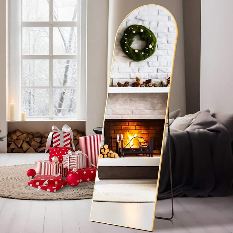Arched Mirror Full Length, 16"x59" Body Wall Mirrors, Floor Standing,Tall Arch Mirror with Stand Aluminum Alloy Frame - Gold-arched