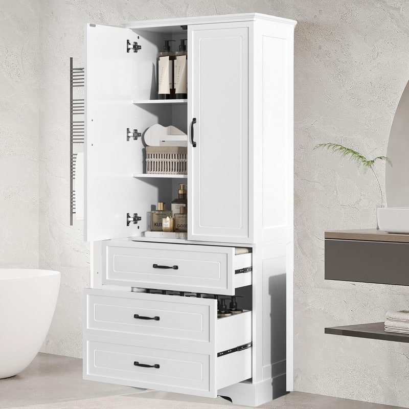 Tall Bathroom Storage Cabinet, Freestanding Floor Cabinet with Two Doors and Drawers, Adjustable Shelf