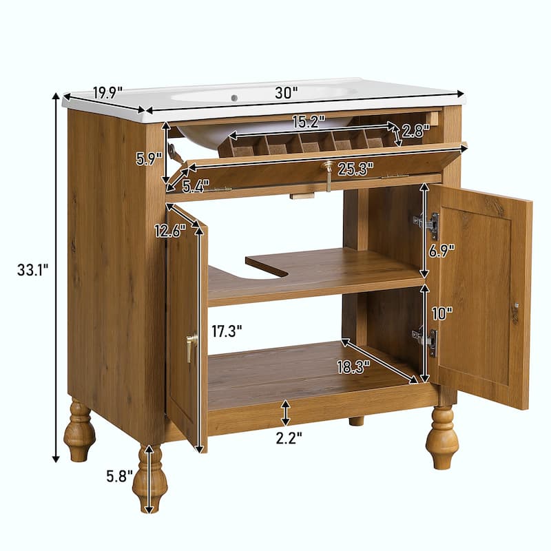 30-Inch Walnut Bathroom Vanity with Seashell Resin Sink, Flip-Up Storage & Soft-Close Doors