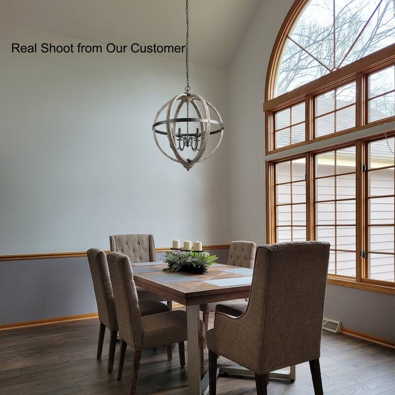 Azizon Farmhouse 6-Light Wood Chandelier Globe Lights for Living Dining Room Hallway