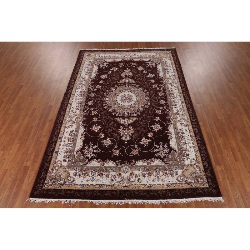 Burgundy Red Floral Kashan Turkish Rug Machine-Made Carpet - 6'7" x 9'10"
