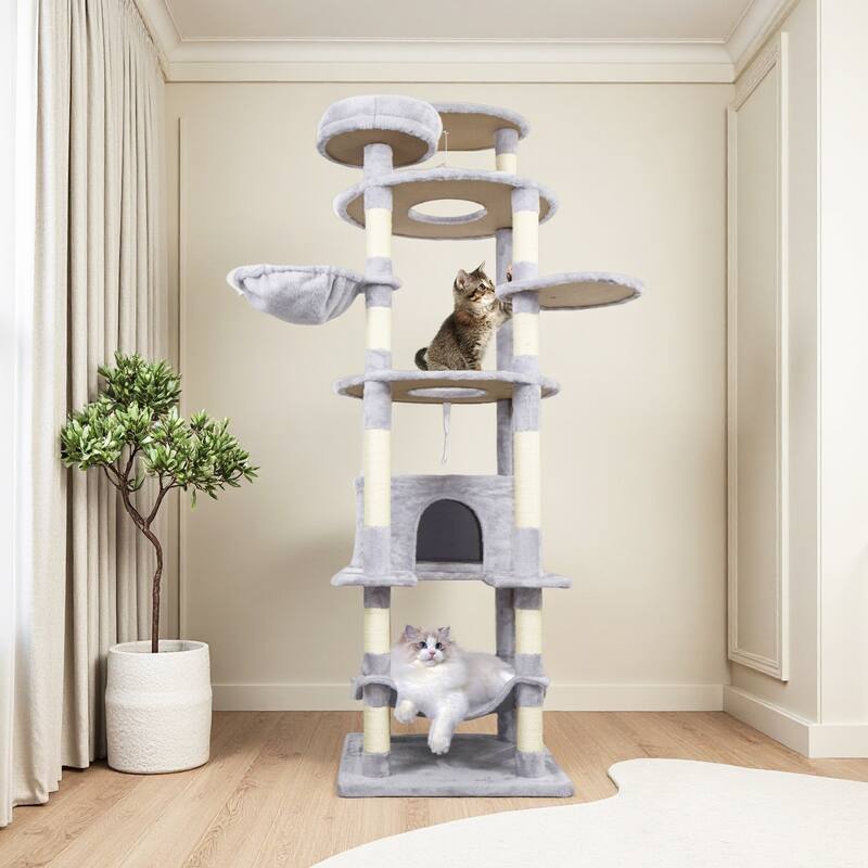 78.8 in Dark Gray Cat Tree Tower with Wide Base, 12 Sisal Scratching Post, Big Hammock,Many landing Perch and Interactive toy - Light Gray