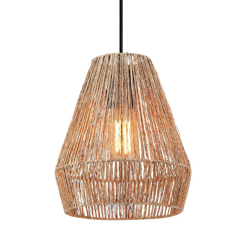 True Fine Bohemian Natural Jute Rope Island Mini Pendant Light with Black Hardware