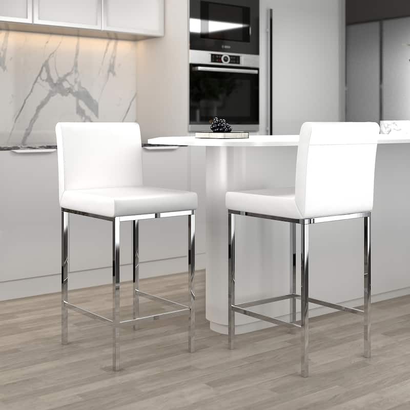 Contemporary Faux Leather and Metal 26" Counter Stool, Set of 4 - White and Chrome