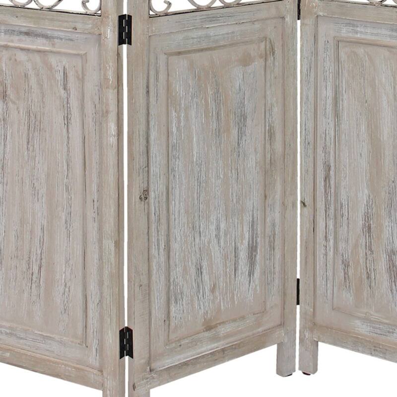 48 inch 3 Panel Screen with Metal Scrollwork, Washed Beige