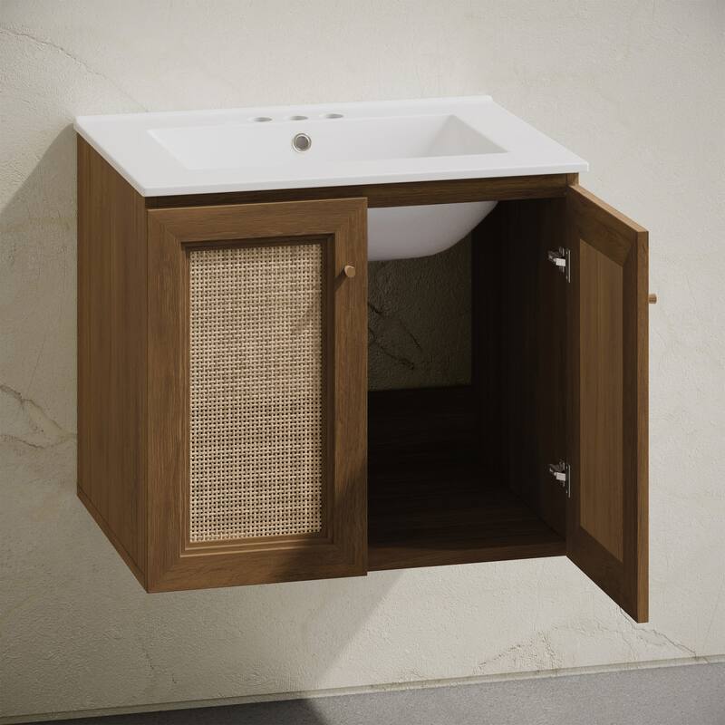 Classe 24" Wall-Mounted Bathroom Vanity In Brown Oak With Centerset Faucet Holes Vanity Top - 24