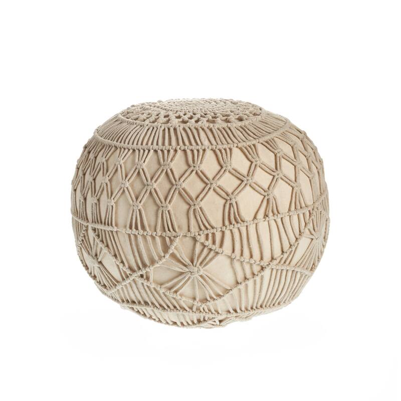20" Beige Macrame Hand Knotted Round Pouf Ottoman