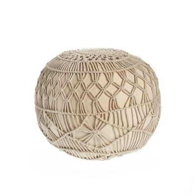 20" Beige Macrame Hand Knotted Round Pouf Ottoman