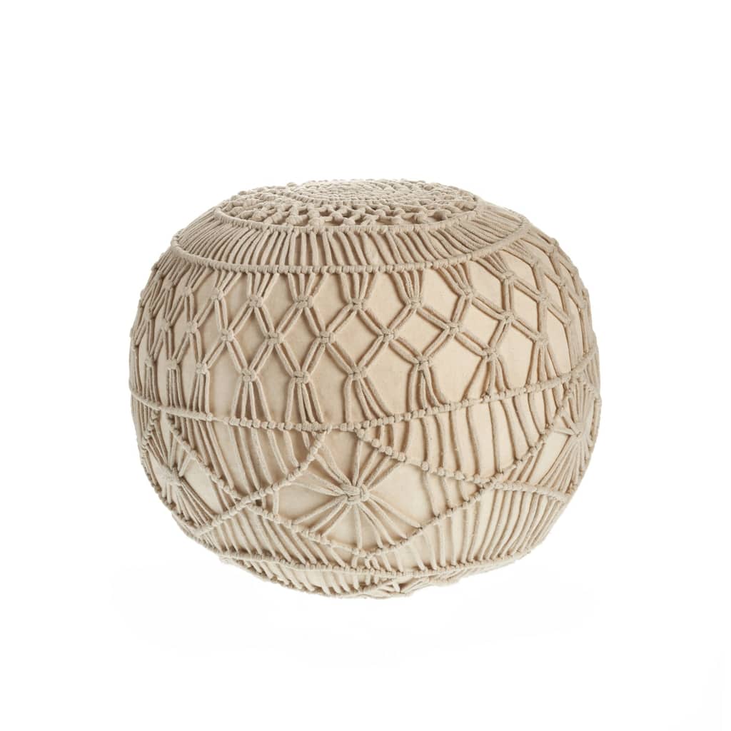 20" Beige Macrame Hand Knotted Round Pouf Ottoman