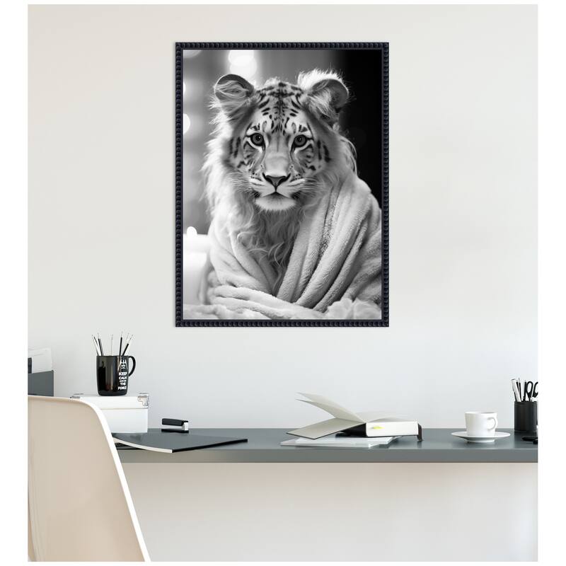 Kate and Laurel Sylvie Tiger Glam Bathroom Towel Robe Black and White Framed Canvas by The Creative Bunch Studio
