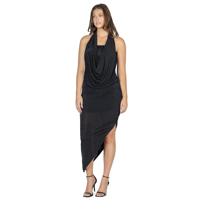 24seven Comfort Apparel Womens Cowl Neck Long Asymmetrical Backless Halter Dress - Black - XL