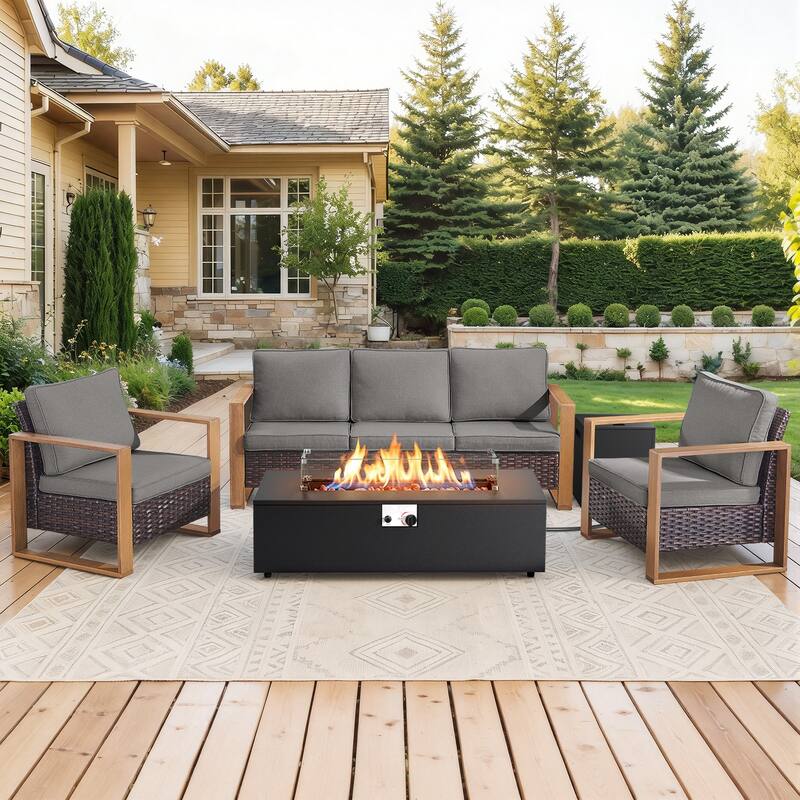 Meyreso Wicker Patio Conversation Set with Metal Fire Pit Table & 4.5-Inch Olefin Cushions