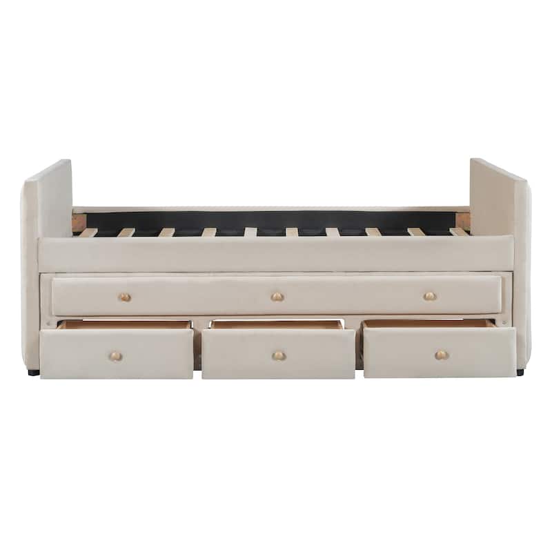 HomeRoots Beige Tufted Velvet Upholstered Twin Day Bed With Trundle And Drawers