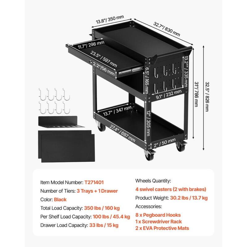 4-Tier Tool Cart on Wheels 350 lb Rolling Work Cart with Drawer & Pegboard