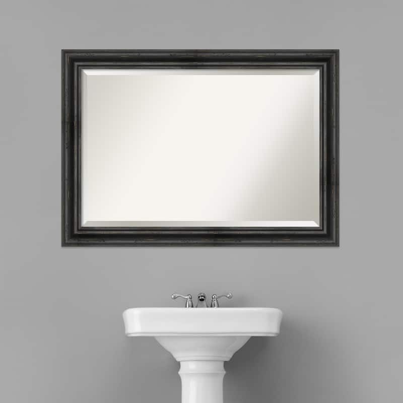 Beveled Wood Bathroom Wall Mirror - Rustic Pine Black Frame
