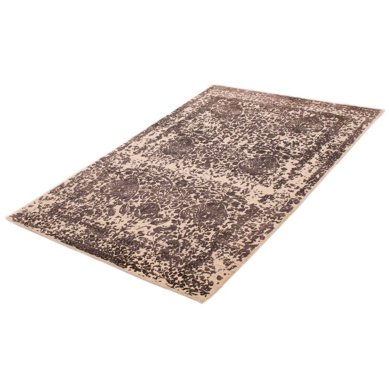 ECARPETGALLERY Hand-knotted Heritage Cream, Dark Grey Silk, Wool Rug - 5'7 x 8'10