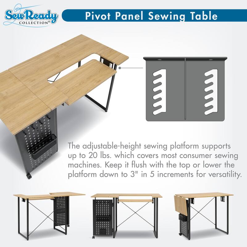 Sew Ready Pivot Sewing Table with Folding Top Adjustable Platform and Storage Peg Panel