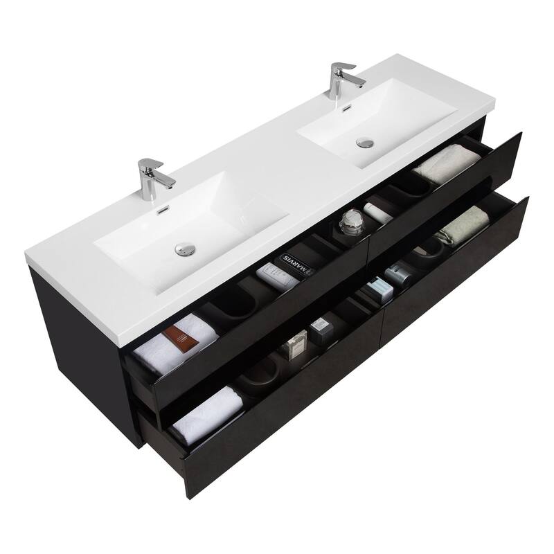 MDF Wall-Mounted Bathroom Vanity Set in Black with Integrated Culture Marble Sink