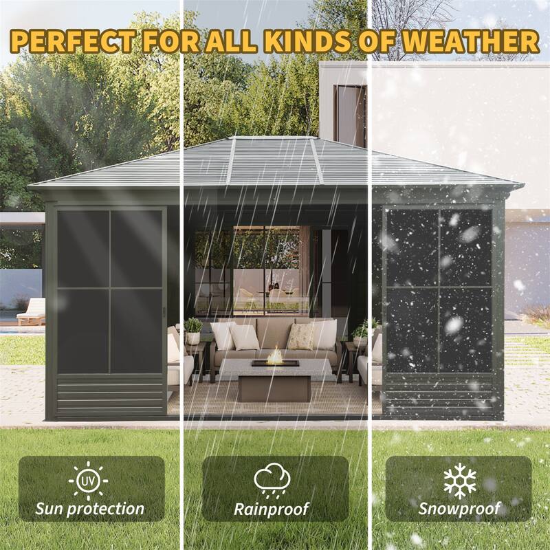 GDFStudio - Terry Four-Season Aluminum Sunroom Gazebo with Sliding Doors, Steel Roof, and Screen Panels for Patio