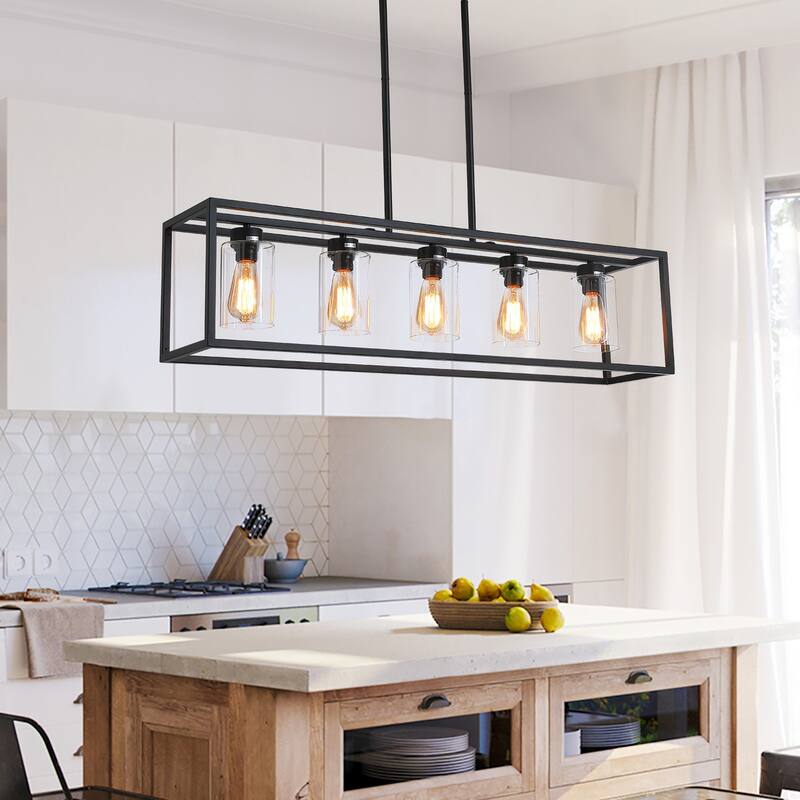 Modern Black 5-Light Rectangle Iron Frame Kitchen Island Pendant Lighting Fixture