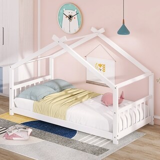 White Wood House Bed Twin Size - Playhouse Design, Sturdy Pinewood Frame