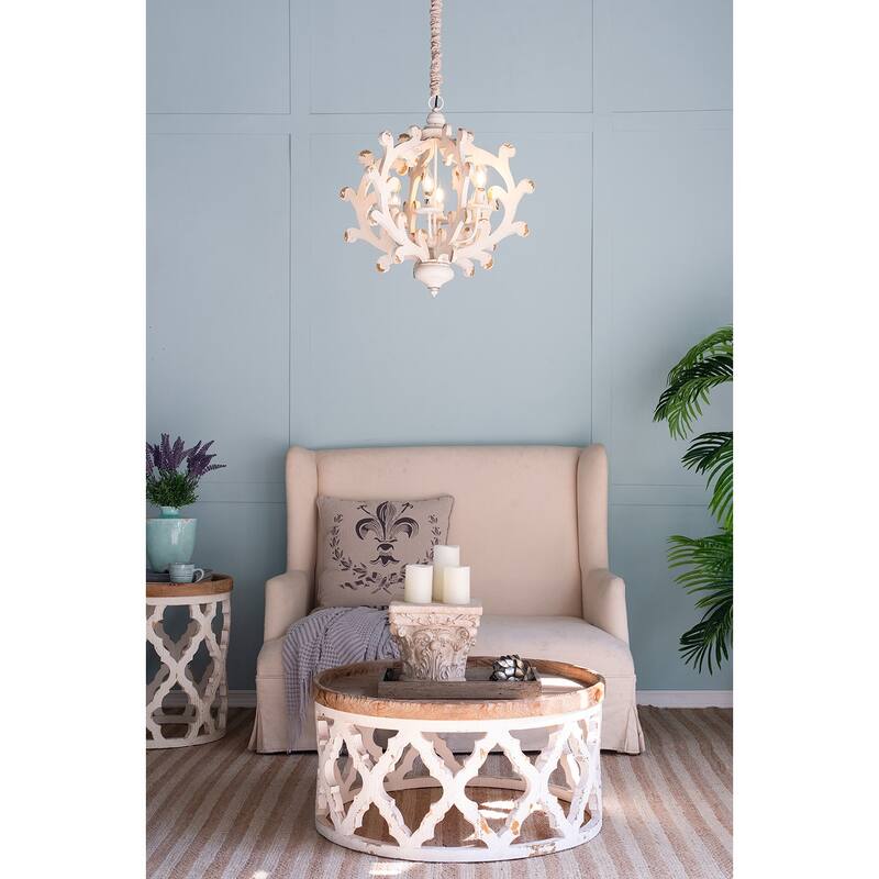 6-Light Wood Chandelier, Hanging Light Fixture with Adjustable Chain for Kitchen Dining Room Foyer Entryway, Bulb Not Included