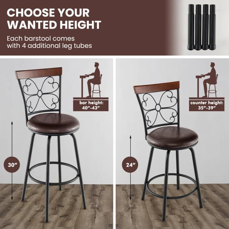 2 Pieces 24-30 Inch Adjustable PU Cushioned Swivel Barstools-Brown - 18" x 16" x 42.5" (L x W x H)