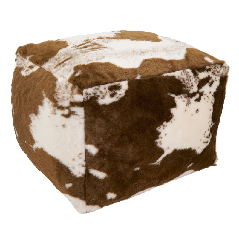 Faux Fur Pouf With Cow Hide Design - Brown