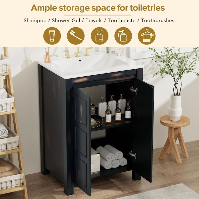 Freestanding Bathroom Vanity Set of 2, Weathered Texture Storage Cabinets with Ceramic Sinks, Storage Shelf and Soft Close Doors