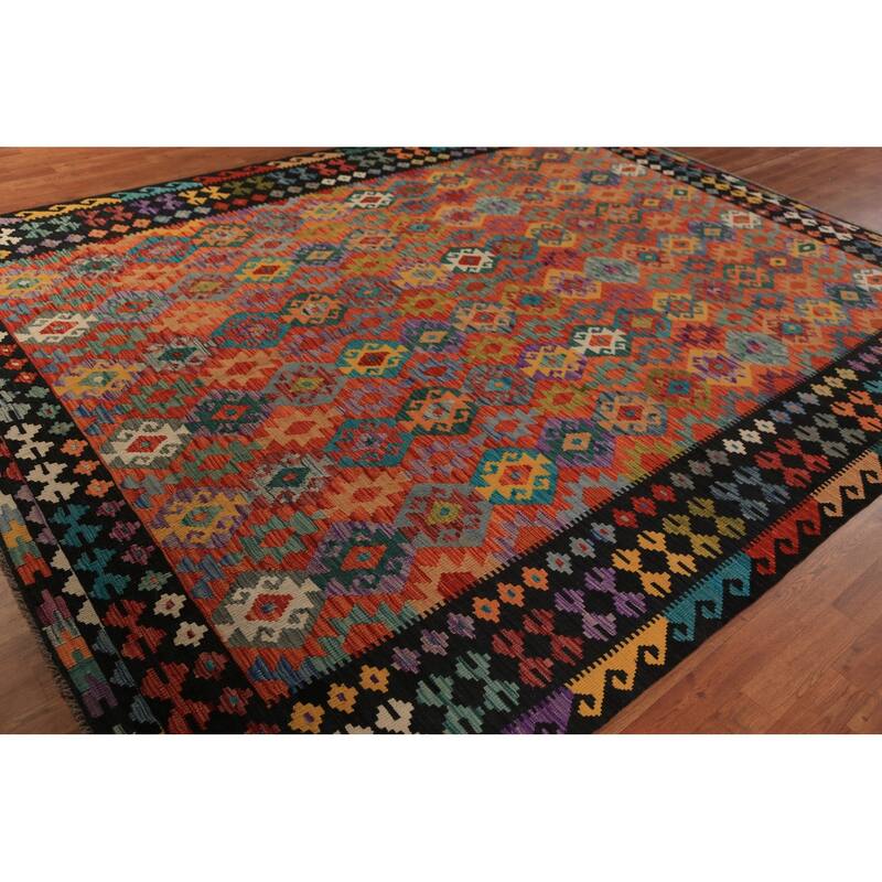 Geometric Kilim Area Rug Hand-Woven Wool Carpet - 8'8"x 11'8"
