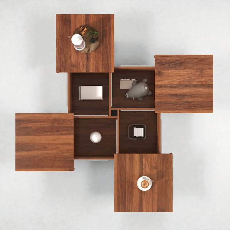 Square Sliding Top Coffee Table with Storage, Modern Veneer Wood Coffee Table, Hidden Storage Center Table