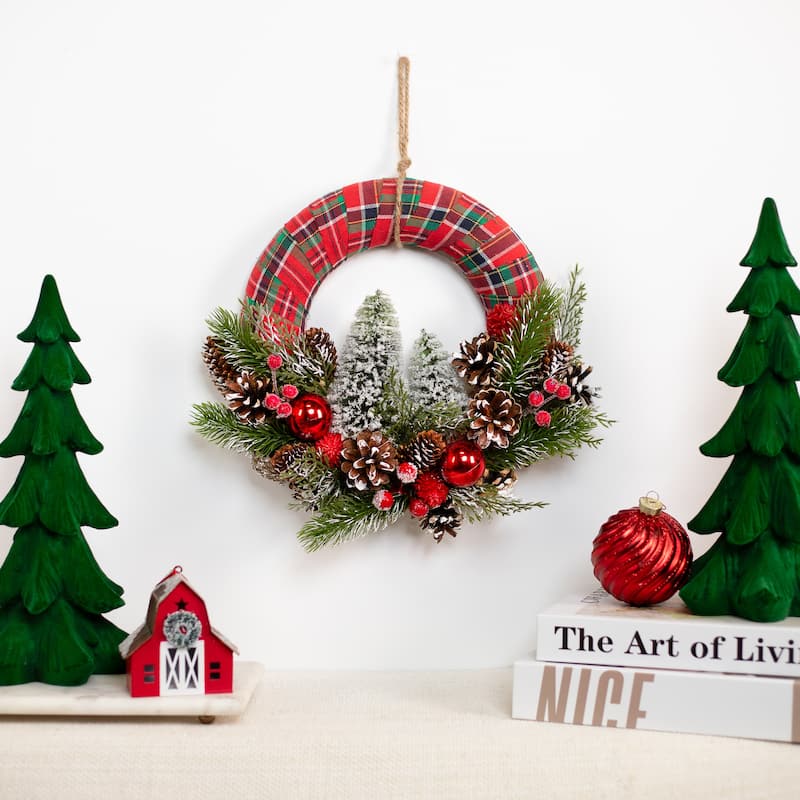 Frosted Trees and Pinecone Plaid Artificial Christmas Wreath - 13.5" - Unlit
