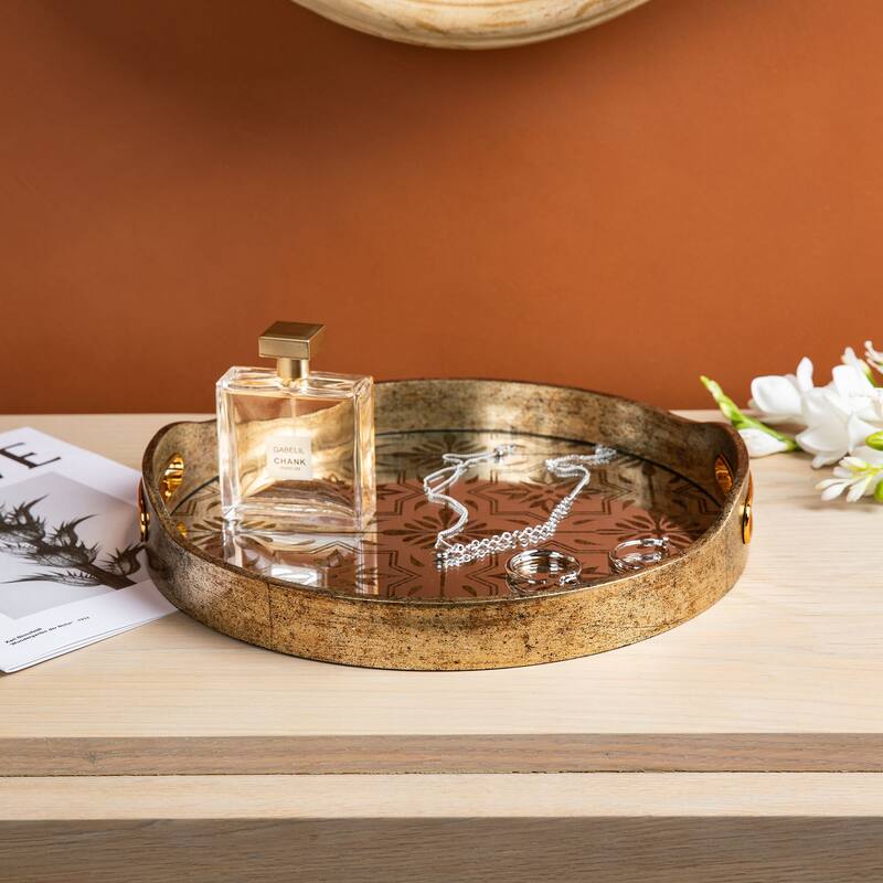 Glitzhome Set of 2 Modern Gold Floral Pattern Mirrored Decorative Trays with Handles