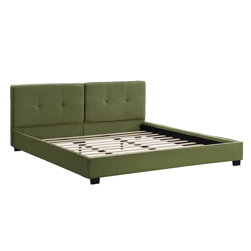 Oliver Green Velvet Upholstered Bed Frame, King Size Grounded Bed with Curved Tufted Headboard, Soft Square Corners Wingback Bed