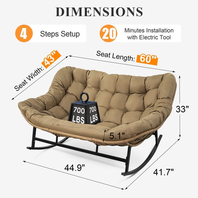 FINCATI Outdoor Double Rocking Chair, Double Wide Rocking Chair, 700 lbs Indoor Rocking Chair for Two, Double Papasan Chair